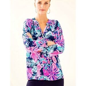 Lilly Pulitzer Elsa Silk Long sleeve Top Multi Garden Getaway M